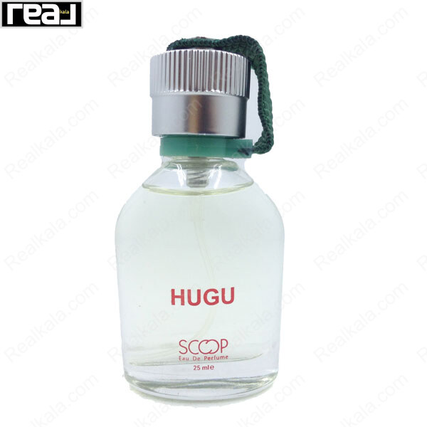بطری عطر Scoop Hugu Eau De Perfume با طراحی ساده و مدرن به همراه در فلزی و بند سبز