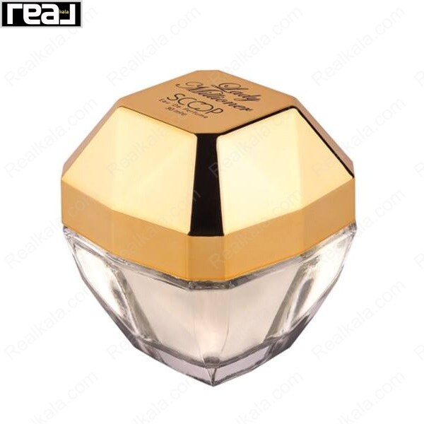 بطری عطر اسکوپ مدل Lady Millionaire با طراحی الماس‌گونه، شیشه شفاف و درب طلایی براق حجم 30 میل