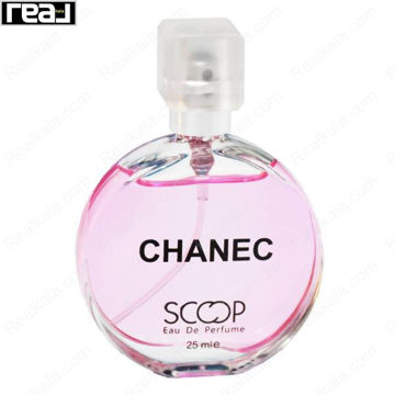 بطری عطر اسکوپ مدل Chanec با شیشه گرد شفاف، مایع صورتی ملایم و اسپری شفاف حجم 25 میل