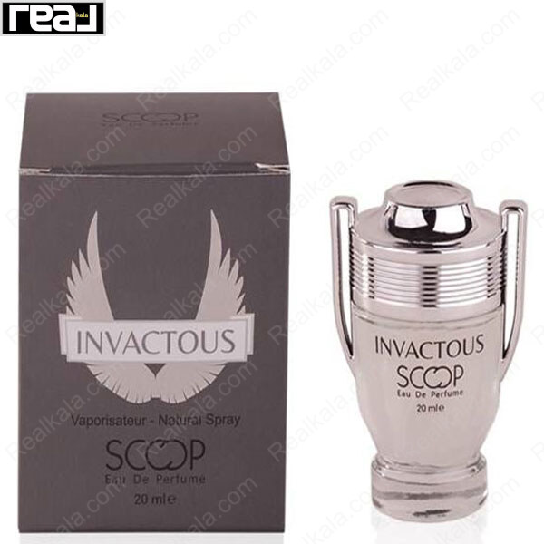جعبه و بطری عطر Scoop Invactous Eau De Perfume با بسته‌بندی مشکی، نشان بال‌ها و طراحی مردانه کلاسیک حجم 20 میلی‌لیتر