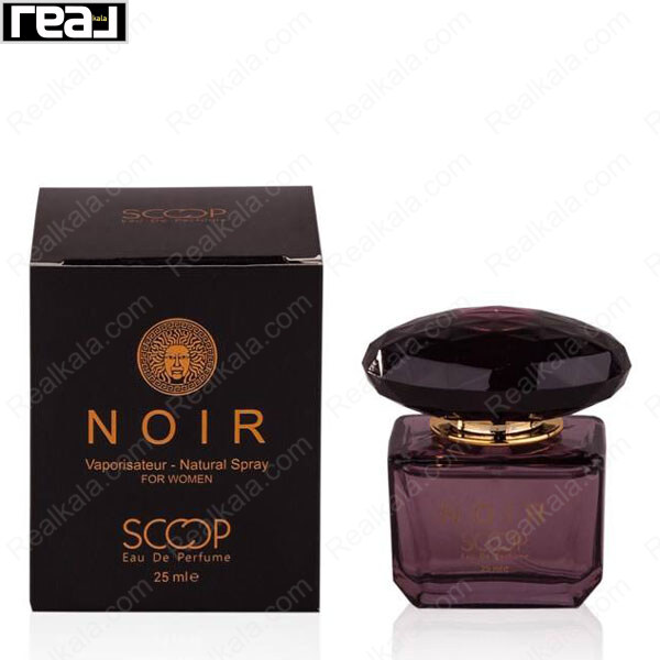 جعبه و بطری عطر اسکوپ مدل Noir با طراحی مشکی طلایی، شیشه بنفش تیره و درب نگین‌مانند بیضی شکل حجم 25 میل
