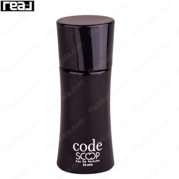 بطری عطر Scoop Code Eau De Perfume با بدنه مشکی براق، فرم ارگونومیک خمیده و چاپ سفید Code حجم 25 میلی‌لیتر