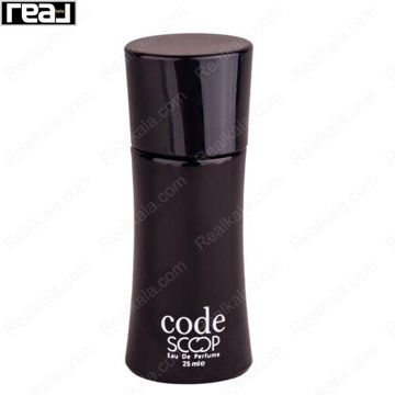 بطری عطر Scoop Code Eau De Perfume با بدنه مشکی براق، فرم ارگونومیک خمیده و چاپ سفید Code حجم 25 میلی‌لیتر