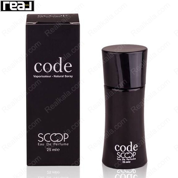 جعبه و بطری عطر اسکوپ مدل Code با طراحی کاملاً مشکی براق، بطری منحنی مینیمال و بسته‌بندی ساده و شیک حجم 25 میل