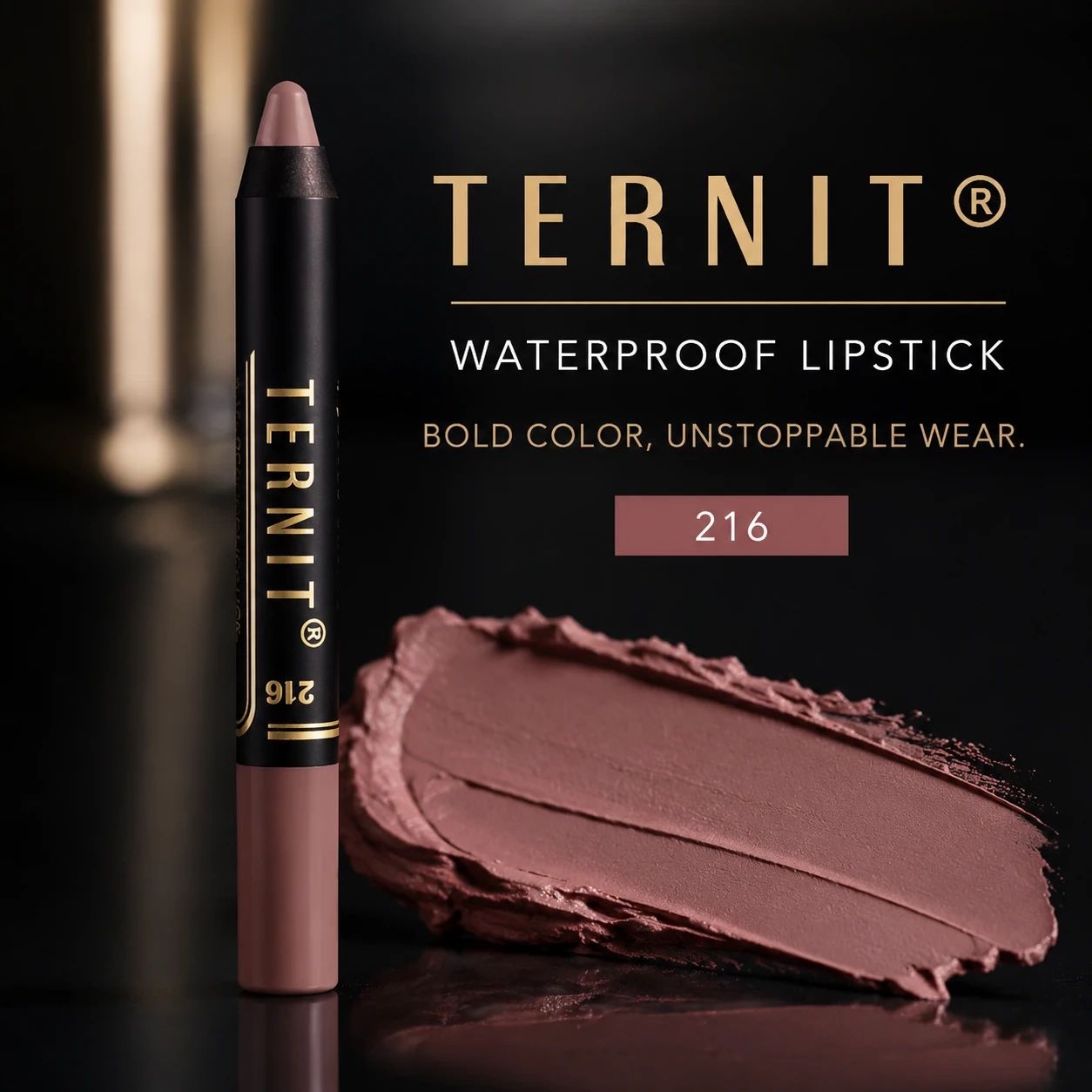 رژ لب مدادی TERNIT Waterproof Lipstick شماره 216 با رنگ مووی نود، بافت مات و پوشش یکنواخت