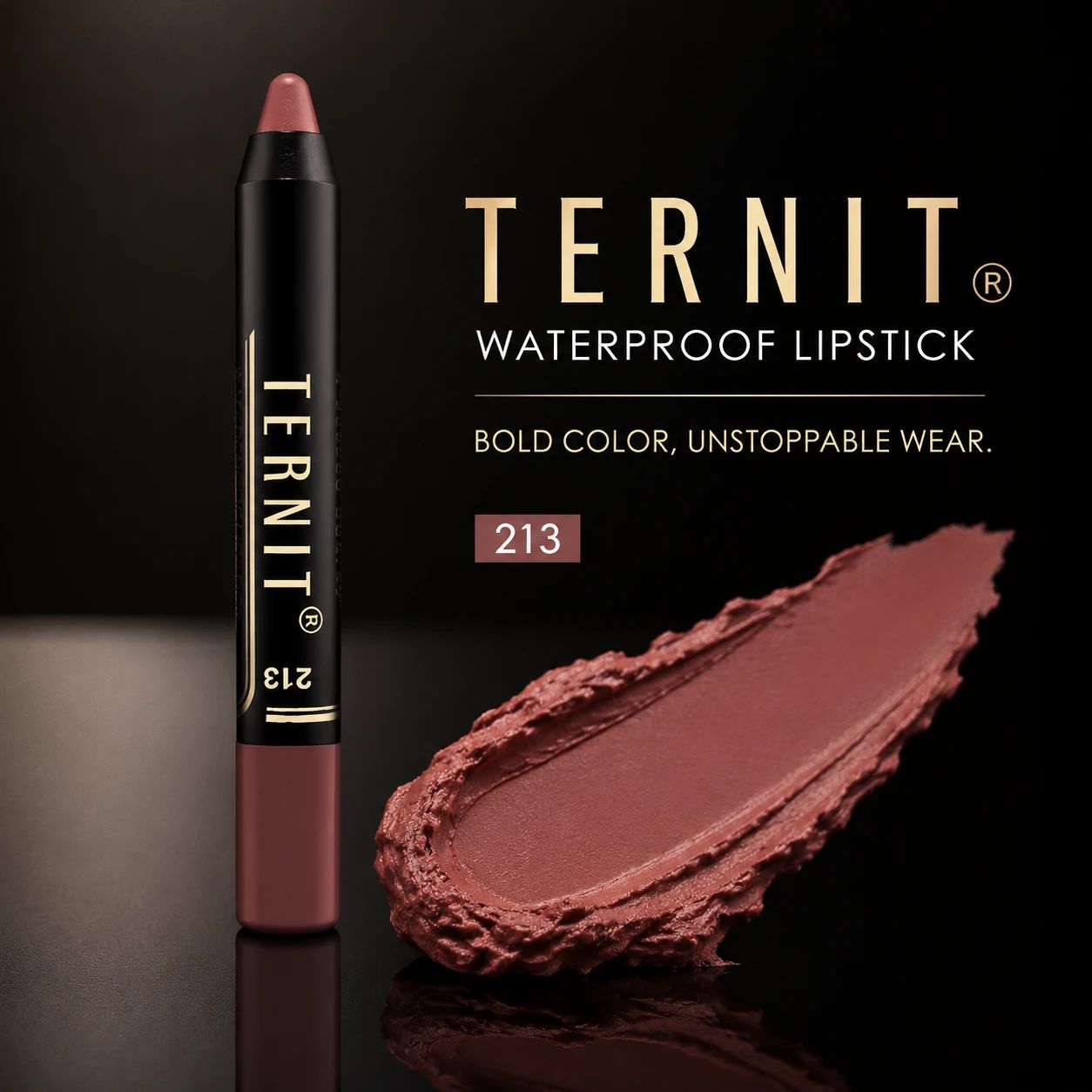 رژ لب مدادی TERNIT Waterproof Lipstick شماره 213 با رنگ رز قهوه‌ای گرم، بافت مات و پوشش یکنواخت