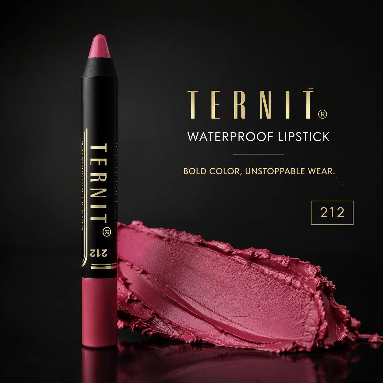 رژ لب مدادی TERNIT Waterproof Lipstick شماره 212 با رنگ صورتی تمشکی، بافت مات و پوشش یکنواخت