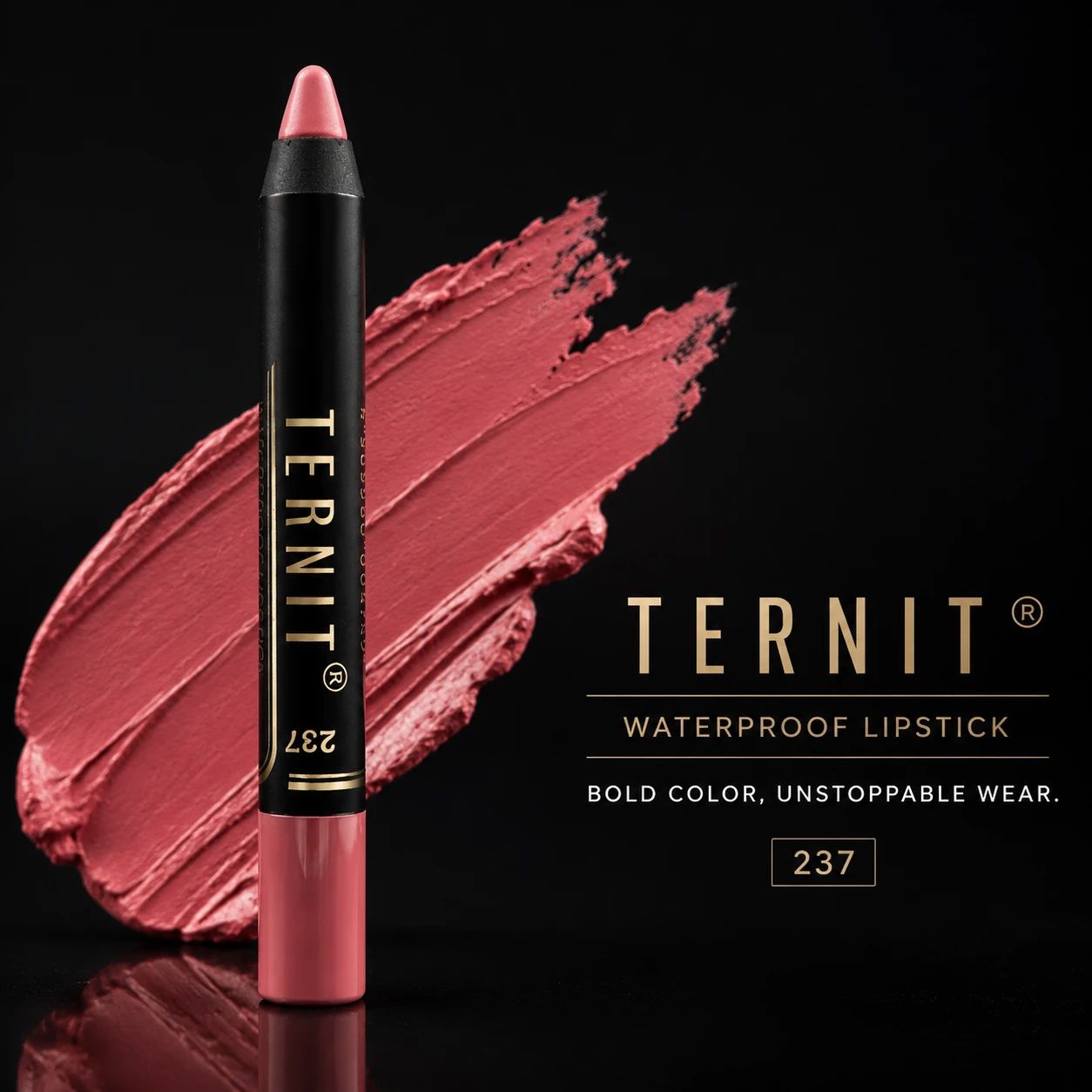 رژ لب مدادی TERNIT Waterproof Lipstick شماره 237 با رنگ صورتی رز طبیعی، بافت مات و پوشش یکنواخت
