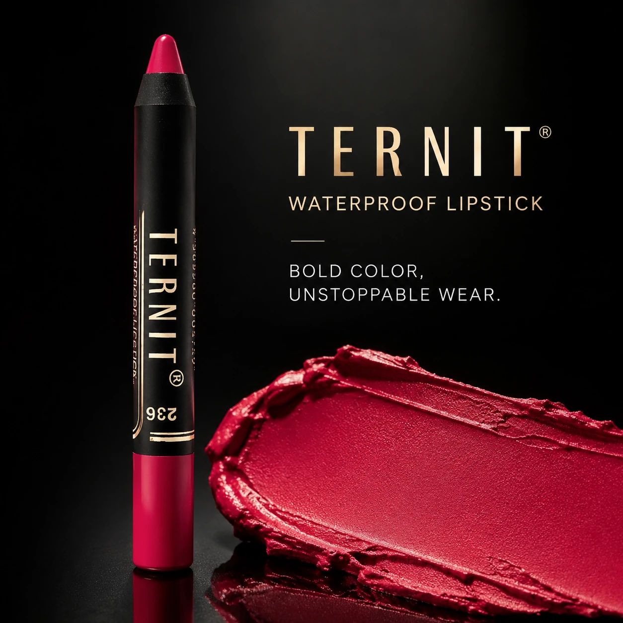 رژ لب مدادی TERNIT Waterproof Lipstick شماره 236 با رنگ سرخابی قرمز، بافت مات و پوشش یکنواخت