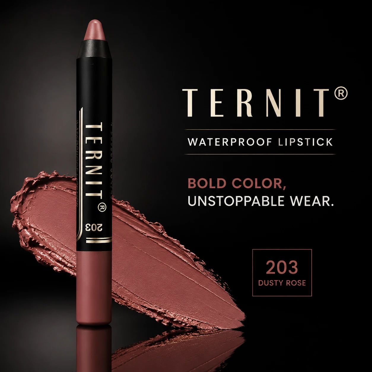 رژ لب مدادی TERNIT Waterproof Lipstick شماره 203 با رنگ رز غبارآلود (Dusty Rose)، بافت مات و پوشش یکنواخت
