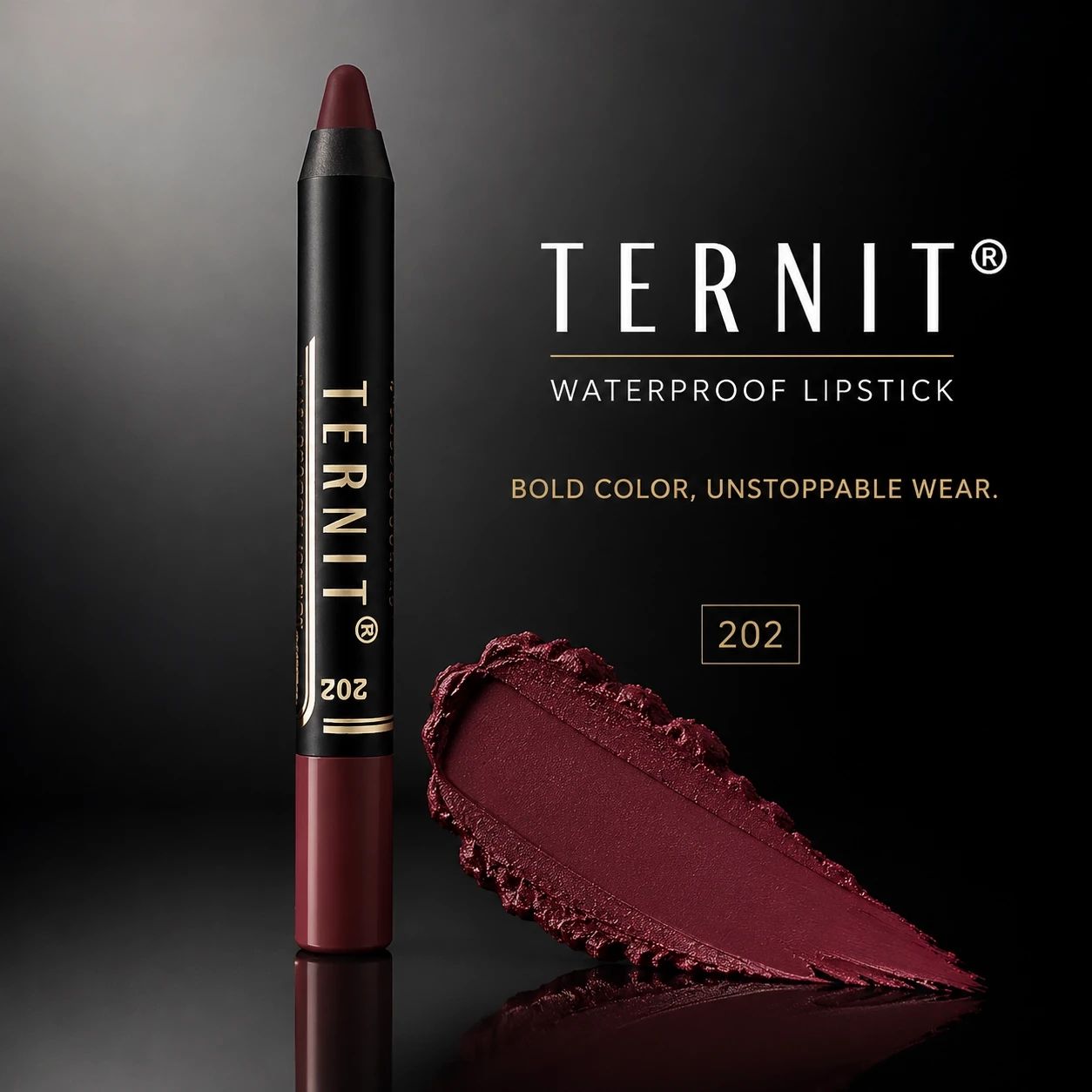 رژ لب مدادی TERNIT Waterproof Lipstick شماره 202 با رنگ زرشکی تیره، بافت مات و پوشش یکنواخت