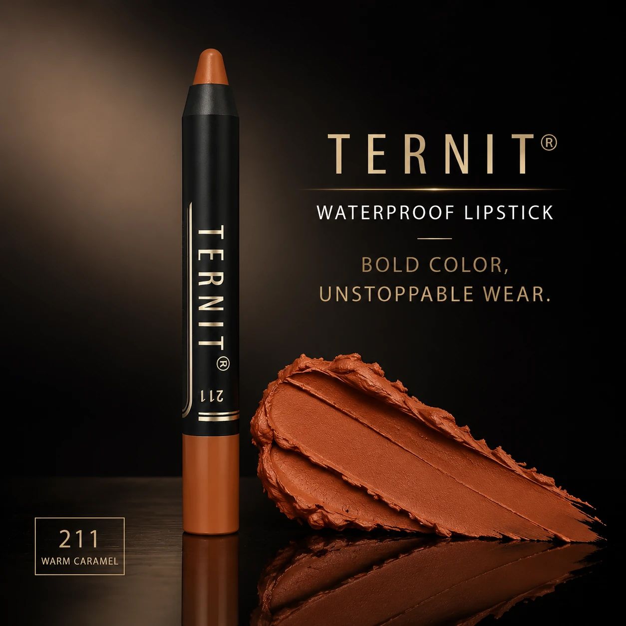 رژ لب مدادی TERNIT Waterproof Lipstick شماره 211 رنگ کاراملی گرم با پوشش یکنواخت