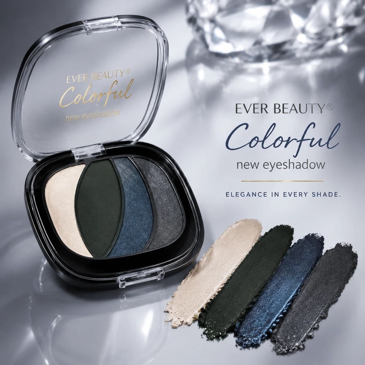 سایه چشم EVER BEAUTY Colorful شماره 05 با ترکیب رنگ‌های سبز تیره، آبی نفتی و خاکستری دودی، جلوه‌ای عمیق و مرموز برای آرایش‌های شبانه و خاص با حس مدرن