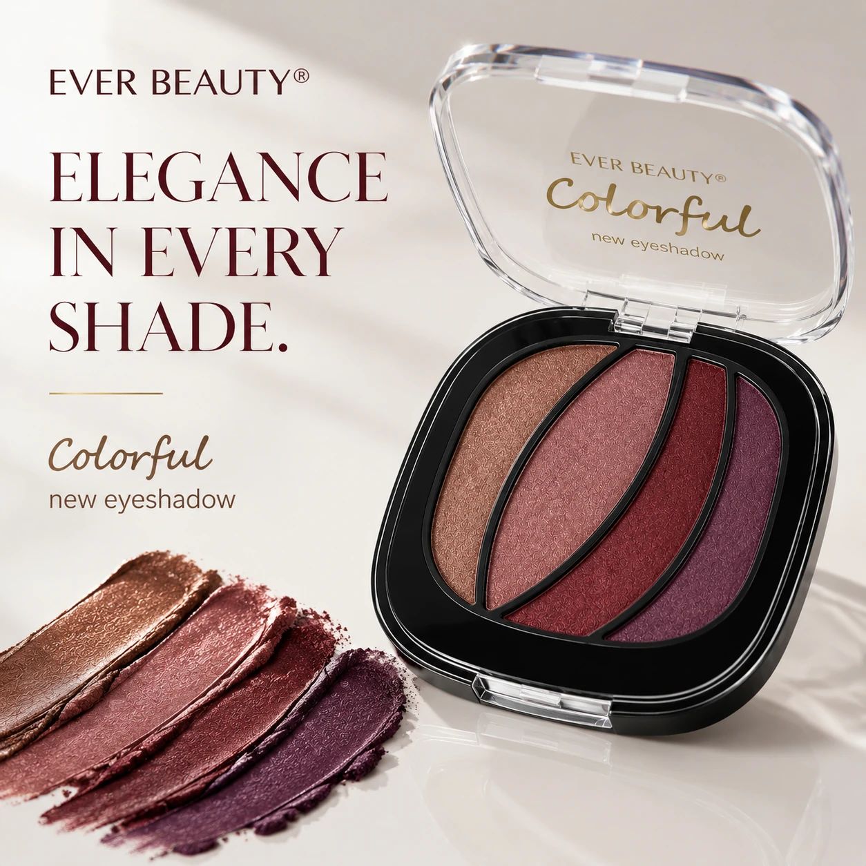 سایه چشم EVER BEAUTY Colorful شماره 06 با ترکیب رنگ‌های رزگلد، زرشکی و بنفش عمیق، جلوه‌ای گرم و رمانتیک برای آرایش‌های خاص و شبانه با حس جذابیت