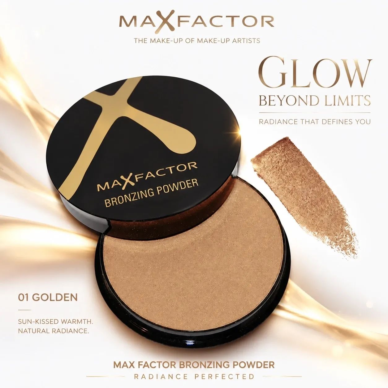 پودر برنزر MAX FACTOR شماره 01 Golden با جلوه طلایی و درخشان، ایجاد گرمای طبیعی و پوست آفتاب‌خورده با حس radiance لوکس و بی‌نقص
