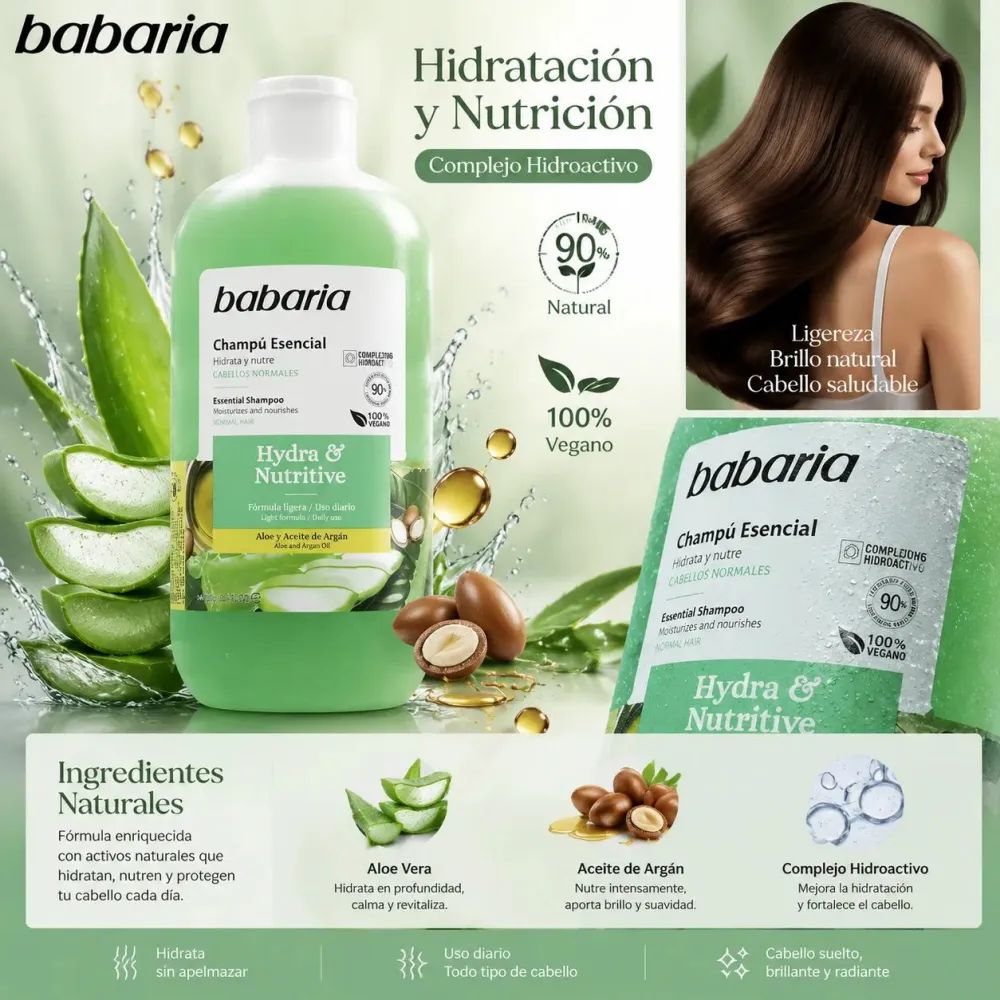 شامپو باباریا Hydra & Nutritive، تقویت‌کننده و درخشان‌کننده تارهای مو با ترکیبات طبیعی، فرمولاسیون وگان و فاقد مواد مضر