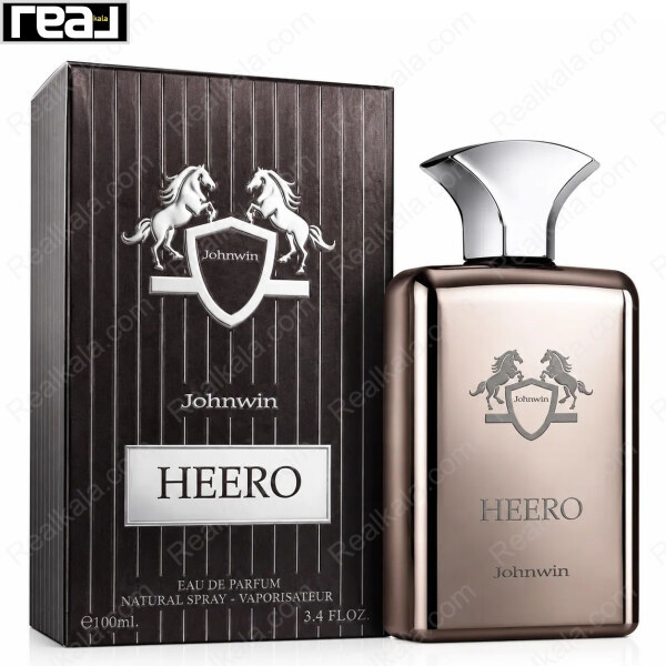 شیشه و جعبه ادکلن جانوین هیرو مردانه با طراحی مشکی و لیبل نقره‌ای HEERO