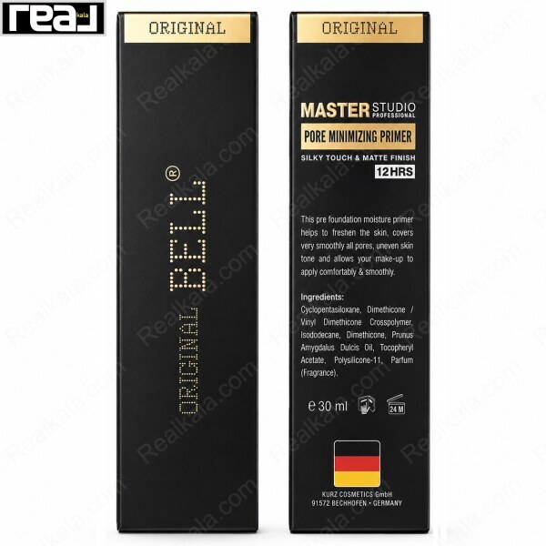 پرایمر کوچک‌کننده منافذ بل Master Studio مدل Pore Minimizing Primer 12 HRS حجم 30 میل، نمایش پشت جعبه و توضیحات محصول