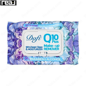 دستمال مرطوب پاک کننده آرایش دافی Q10 Plus مدل Stop Acne بسته 50 عددی با بسته‌بندی آبی بنفش طرح گل‌های آبرنگی