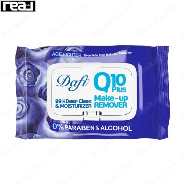 دستمال مرطوب پاک کننده آرایش دافی Q10 Plus مدل Age Fighter بسته 50 عددی با بسته‌بندی آبی بنفش و طرح بلوبری