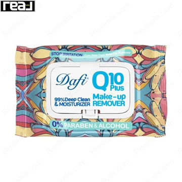 دستمال مرطوب پاک کننده آرایش دافی Q10 Plus مدل Stop Irritation بسته 50 عددی با بسته‌بندی چندرنگ طرح برگ‌