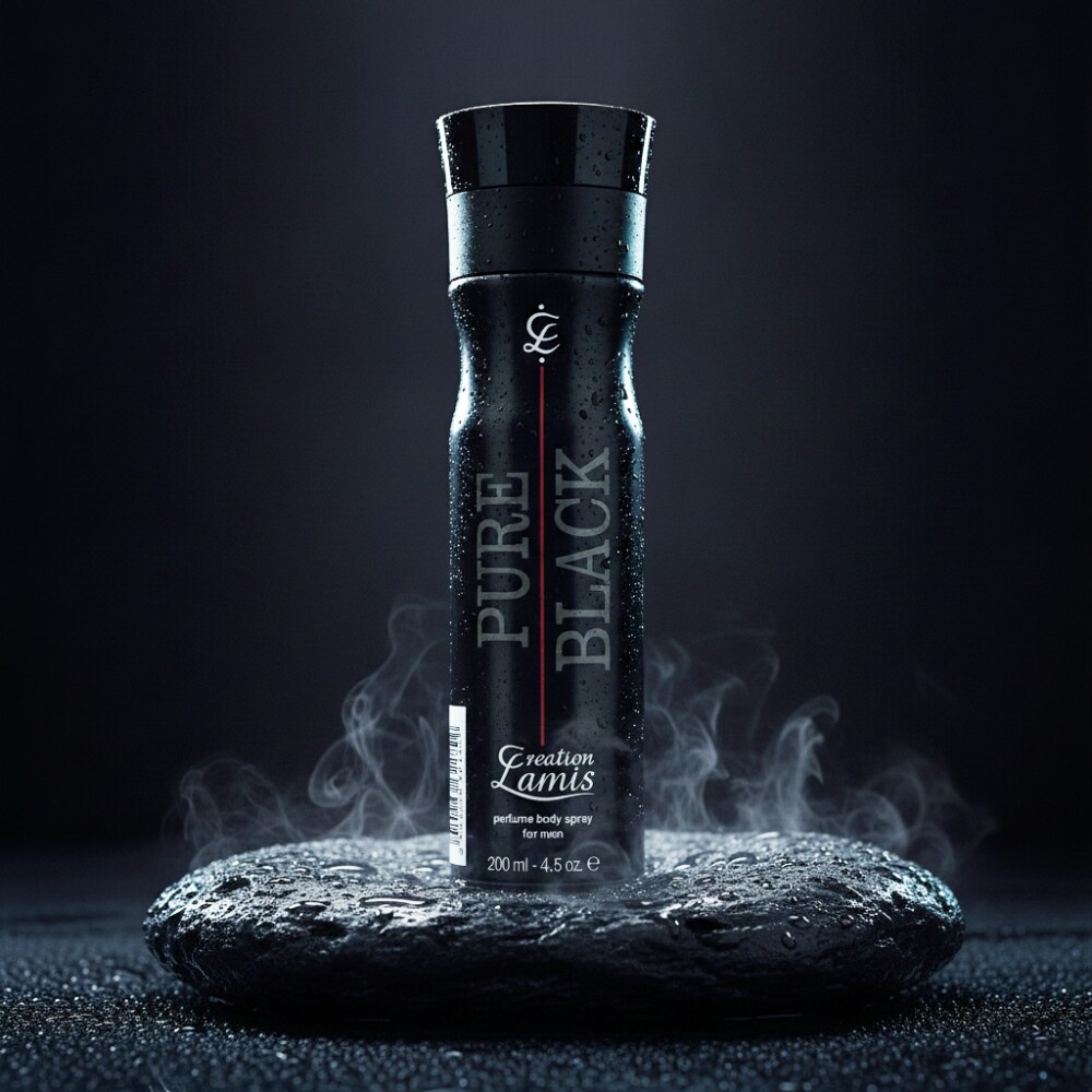 اسپری بدن کریشن لامیس مدل Pure Black حجم 200 میل با قوطی مشکی و طراحی مردانه