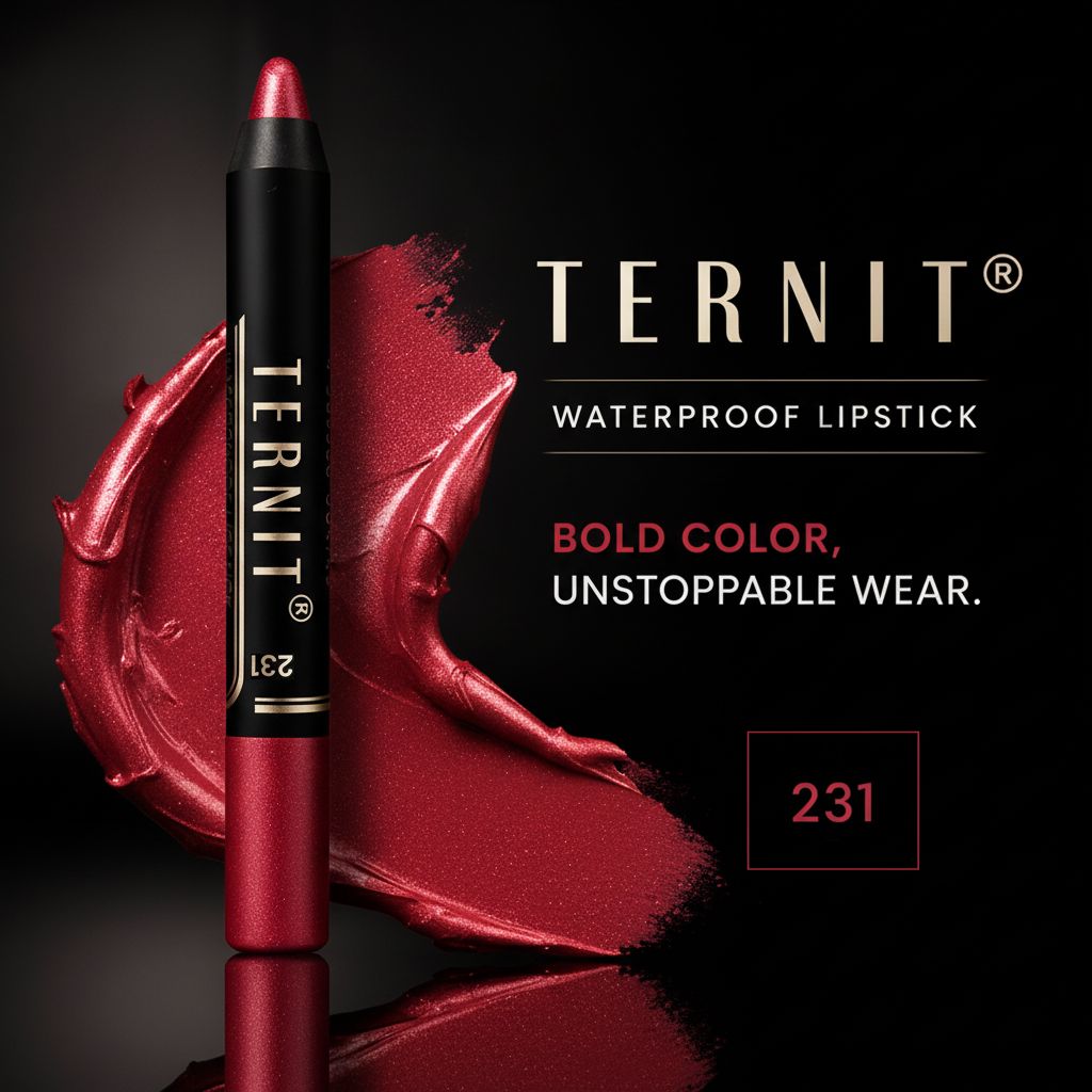 رژ لب مدادی TERNIT Waterproof Lipstick شماره 231 با رنگ قرمز آلبالویی براق، افکت صدفی و پوشش یکنواخت