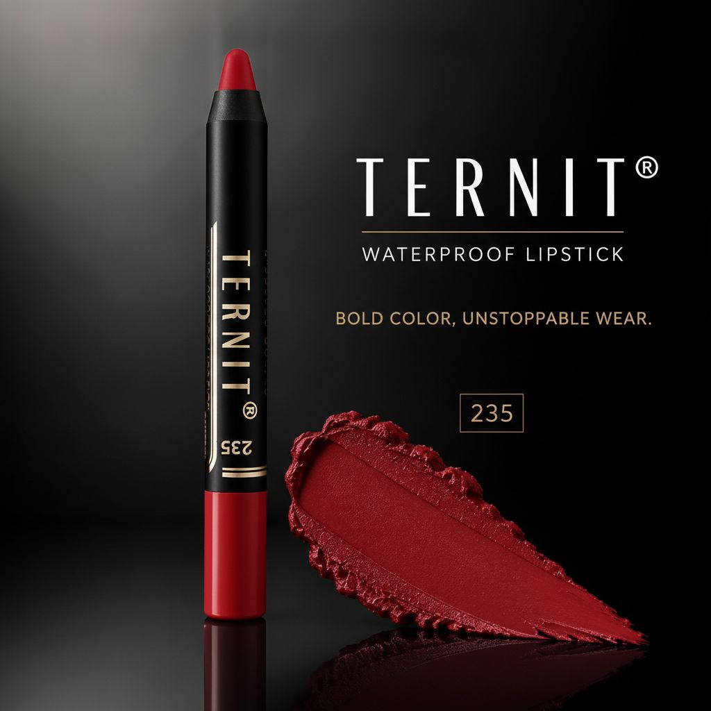 رژ لب مدادی TERNIT Waterproof Lipstick شماره 235 با رنگ قرمز زرشکی ملایم، بافت مات و پوشش یکنواخت