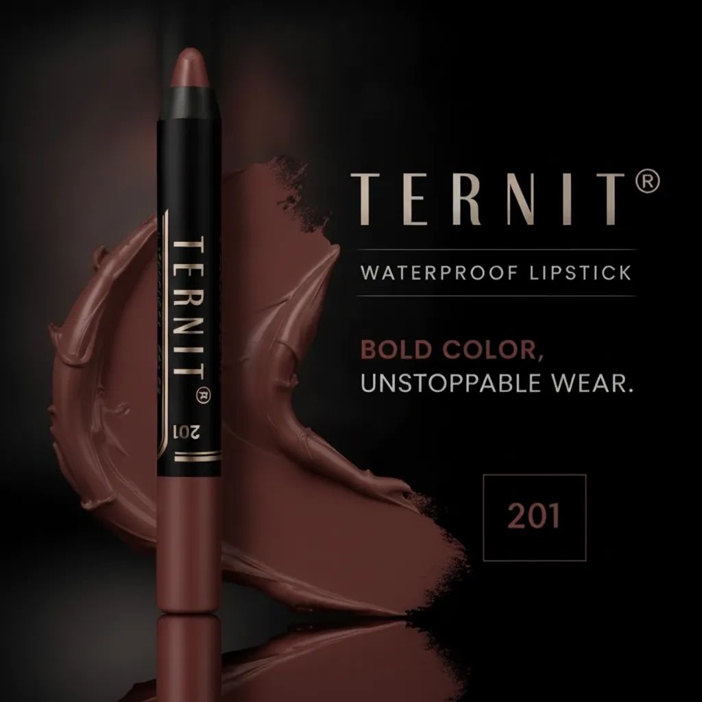 رژ لب مدادی TERNIT Waterproof Lipstick شماره 201 با رنگ قهوه‌ای نود متمایل به رز، بافت مات و پوشش یکنواخت