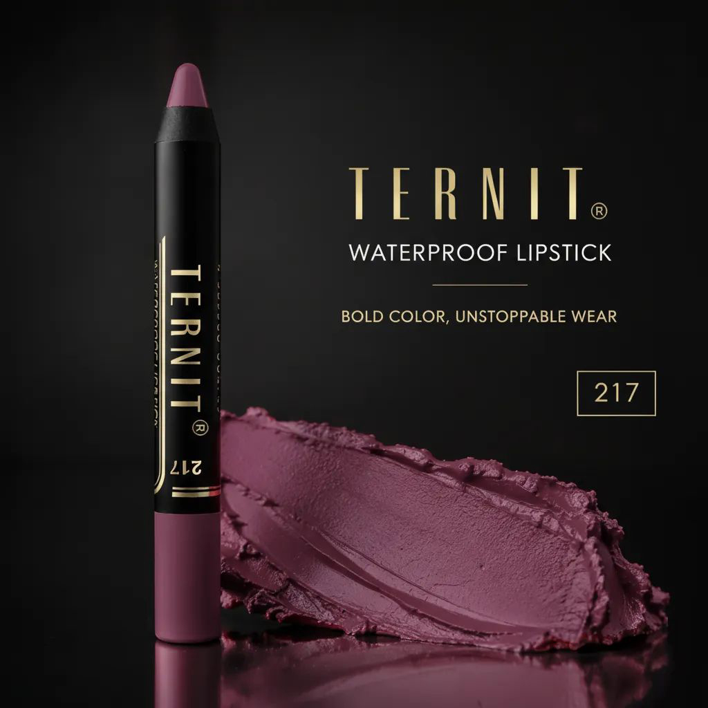 رژ لب مدادی TERNIT Waterproof Lipstick شماره 217 با رنگ موو متمایل به آلویی، بافت مات و پوشش یکنواخت