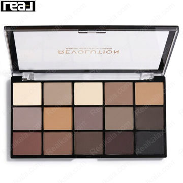 پالت سایه چشم رولوشن مدل Reloaded Basic Mattes دارای 15 رنگ مات با تناژ کرم, بژ, قهوه‌ای روشن, قهوه‌ای متوسط, خاکستری تا مشکی مناسب آرایش روزانه و اسموکی