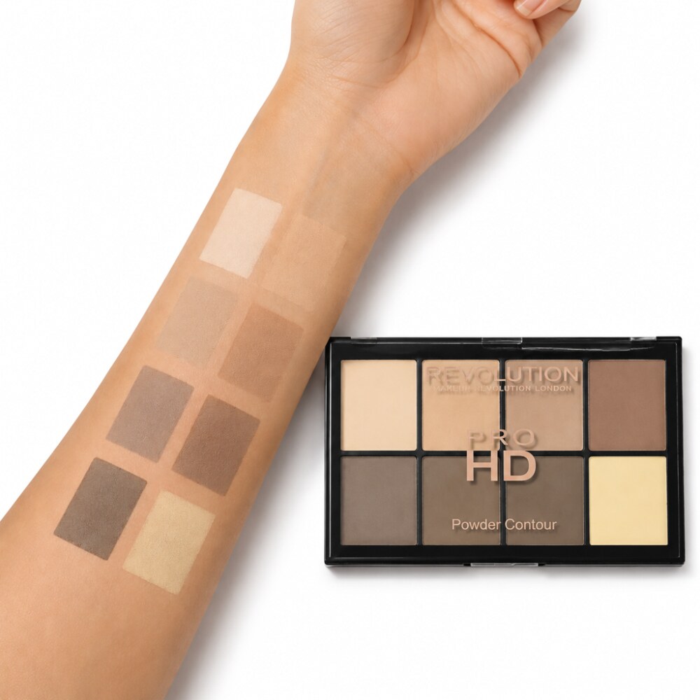 پالت کانتور پودری رولوشن مدل Pro HD Powder Contour در طیف روشن تا متوسط، همراه با نمایش سواچ رنگ‌های کانتور، برنزر و هایلایتر روی پوست