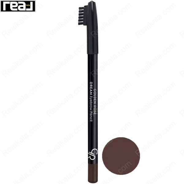 مداد ابرو دریم گلدن رز با بدنه مشکی و براش شانه‌ای به همراه تست دایره‌ای رنگ پرفروش 304 قهوه‌ای سوخته