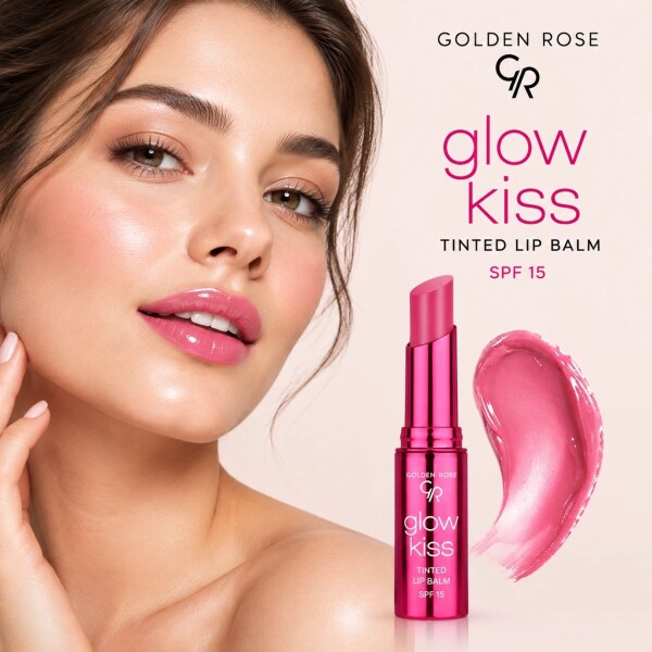 بالم لب رنگی گلدن رز مدل Glow Kiss شماره 03 با رنگ صورتی توت، حاوی SPF 15 و خاصیت نرم‌کنندگی