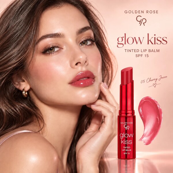 بالم لب رنگی گلدن رز مدل Glow Kiss شماره 05 با تناژ قرمز آلبالویی، حاوی SPF 15 و خاصیت نرم‌کنندگی