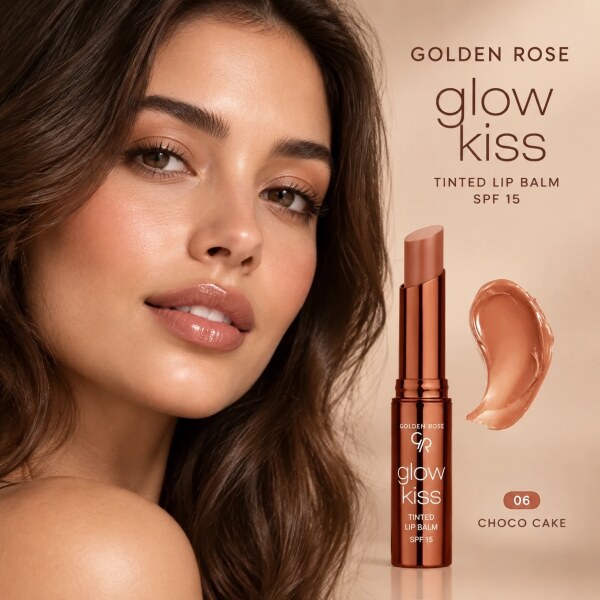 بالم لب رنگی گلدن رز مدل Glow Kiss شماره 06 با تناژ شکلاتی، حاوی SPF 15 و خاصیت نرم‌کنندگی