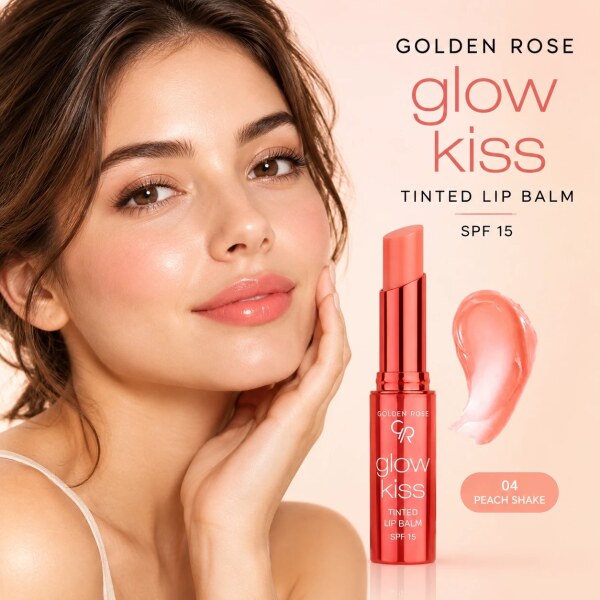 بالم لب رنگی گلدن رز مدل Glow Kiss شماره 04 با تناژ هلویی، حاوی SPF 15 و خاصیت نرم‌کنندگی