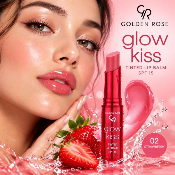 بالم لب رنگی گلدن رز مدل Glow Kiss شماره 02 با تناژ توت‌فرنگی، حاوی SPF 15 و خاصیت نرم‌کنندگی