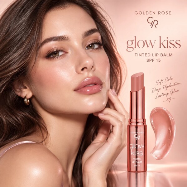 بالم لب رنگی گلدن رز مدل Glow Kiss شماره 01 با تناژ وانیلا لاته، حاوی SPF 15 و خاصیت نرم‌کنندگی