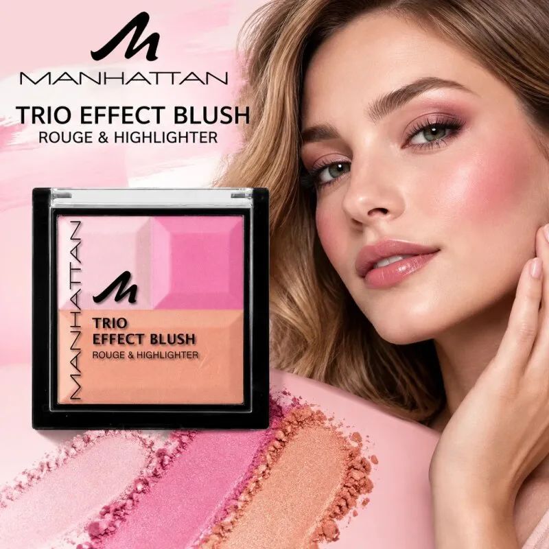 چهره مدل با آرایش گونه استفاده شده از پالت رژگونه و هایلایتر سه کاره منهتن مدل Trio Effect شماره 355