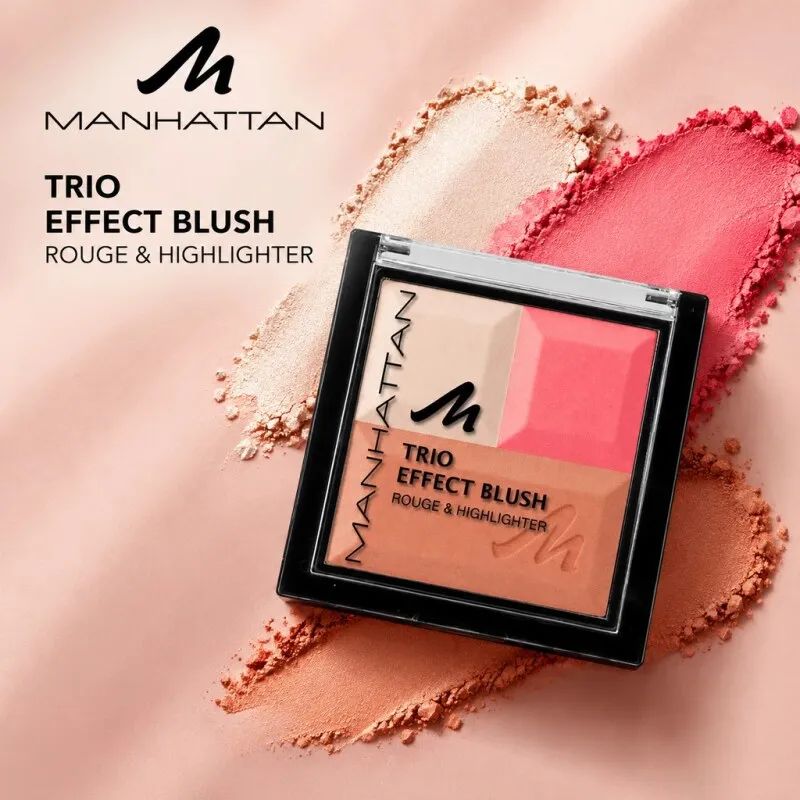 پالت سه‌رنگ منهتن Trio Effect شماره 949 در کنار سواچ‌های هایلایتر، رژگونه و برنزر