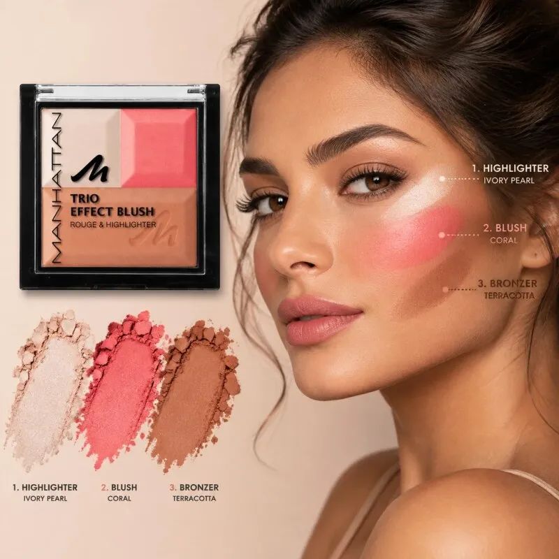 راهنمای استفاده از رژگونه، هایلایتر و برنزر پالت منهتن Trio Effect شماره 949 با نمایش رنگ چری کوکتل روی گونه